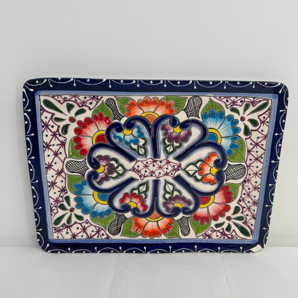 Talavera Mexico Colorful Dish Floral Folk Art Pottery 9.5” X 12.5”